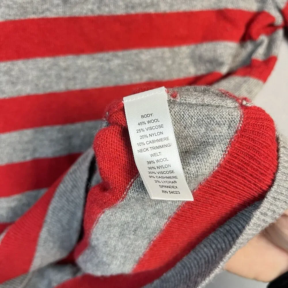 Banana Republic Sweater V-Neck Medium Red Gray Striped‎ Wool Cashmere Acedemia